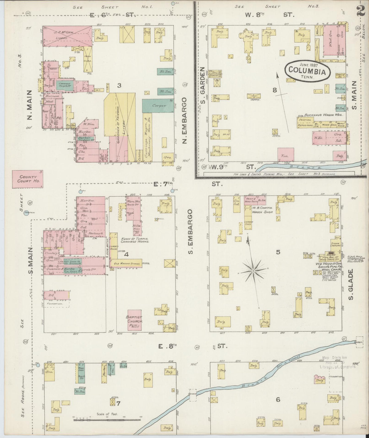 Sanborn Fire Insurance Map from Columbia, Maury County, Tennessee (1887), Sheet #0002 - Complete Map Set gallery image, historic Sanborn map, vintage wall art, Tennessee Tennessee