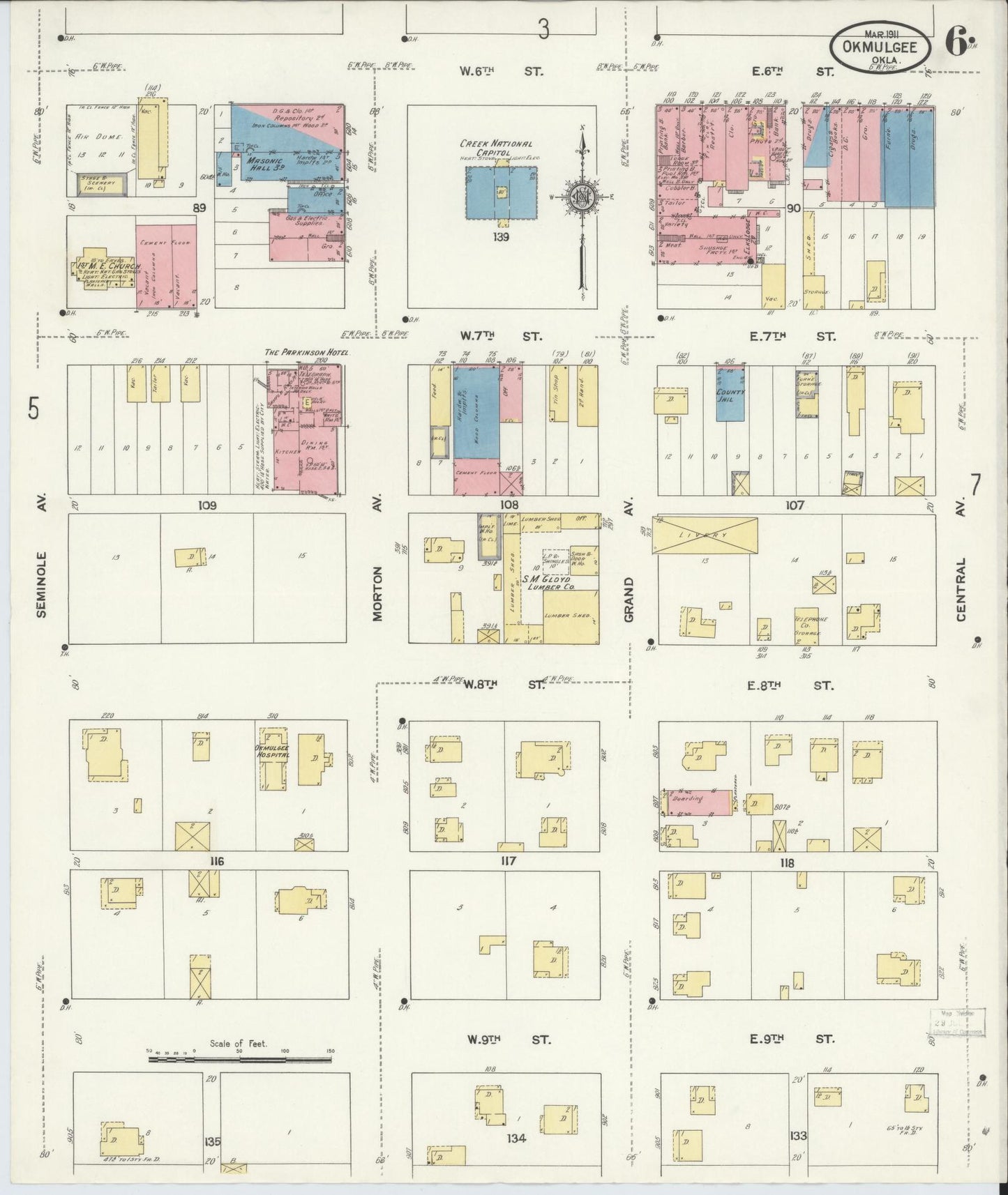 Sanborn Fire Insurance Map from Okmulgee, Okmulgee County, Oklahoma (1911), Sheet #0006 - Complete Map Set gallery image, historic Sanborn map, vintage wall art, Oklahoma Oklahoma