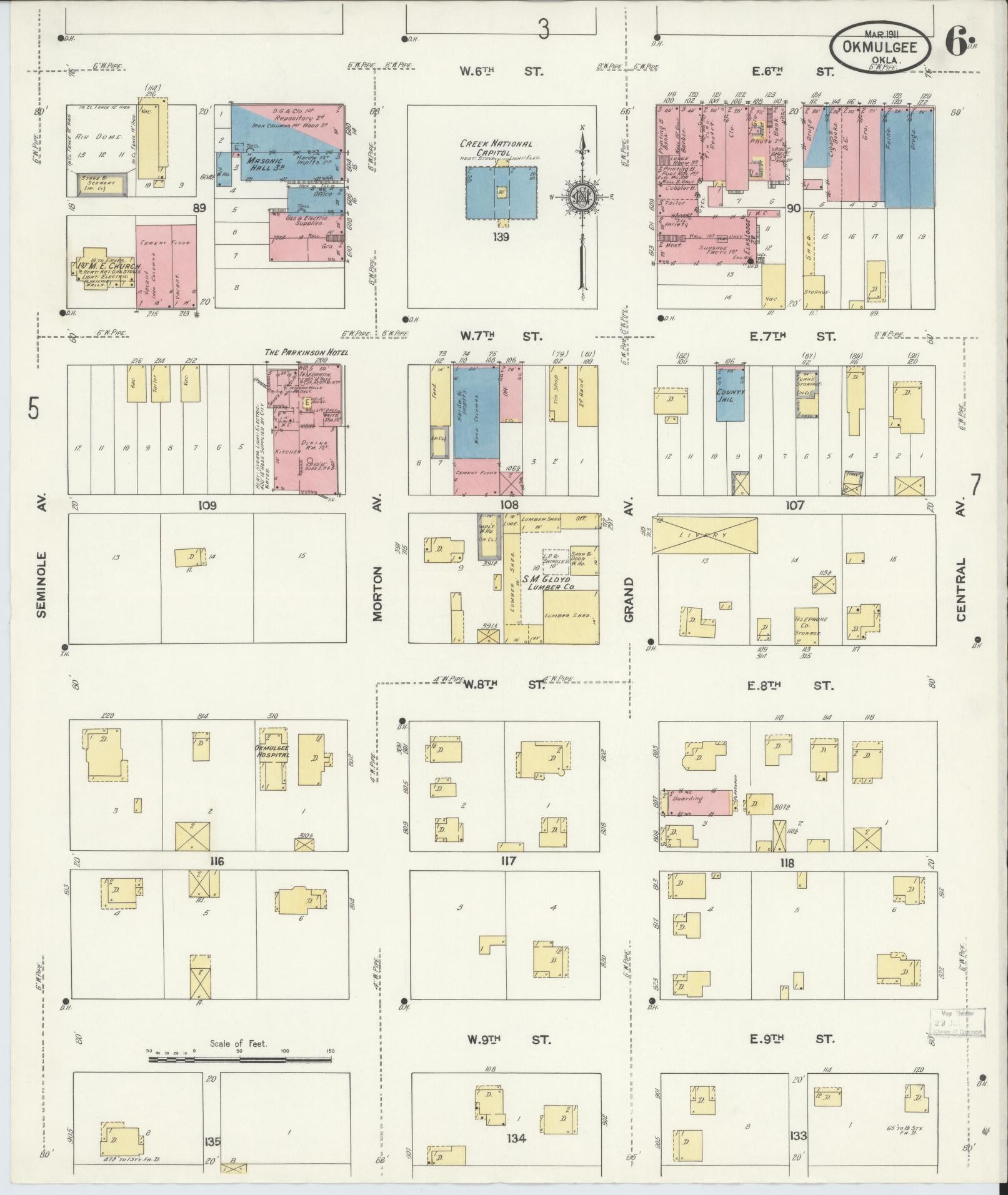 Sanborn Fire Insurance Map from Okmulgee, Okmulgee County, Oklahoma (1911), Sheet #0006 - Complete Map Set gallery image, historic Sanborn map, vintage wall art, Oklahoma Oklahoma