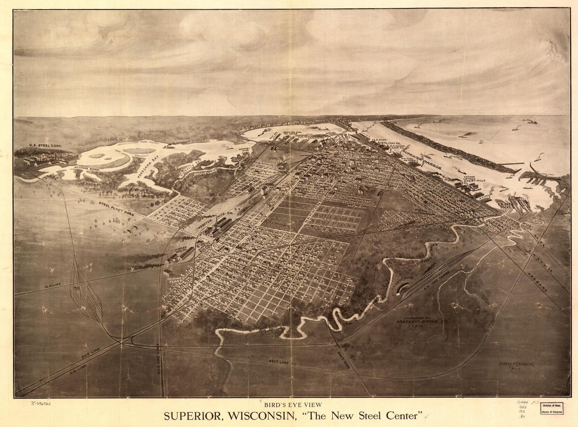 Bird's eye view Superior, Wisconsin "the New Steel Center." (1913) – Historic Bird’s-Eye View Panorama Print
