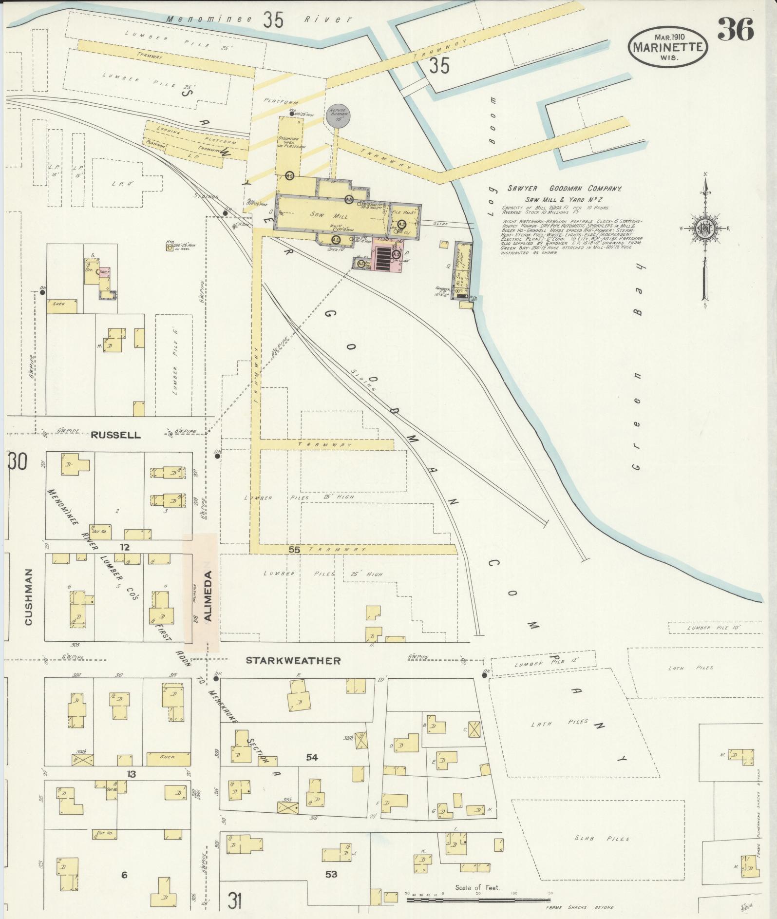 Sanborn Fire Insurance Map from Marinette, Marinette County, Wisconsin (1910), Sheet #0036 - Historic Sanborn Fire Insurance Map Print, vintage old map wall art, antique decor, genealogy gift, Wisconsin Wisconsin map
