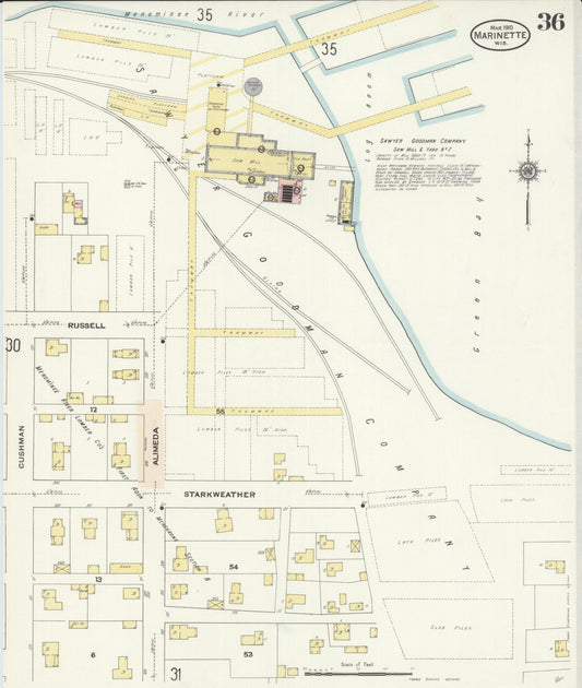 Sanborn Fire Insurance Map from Marinette, Marinette County, Wisconsin (1910), Sheet #0036 - Historic Sanborn Fire Insurance Map Print, vintage old map wall art, antique decor, genealogy gift, Wisconsin Wisconsin map