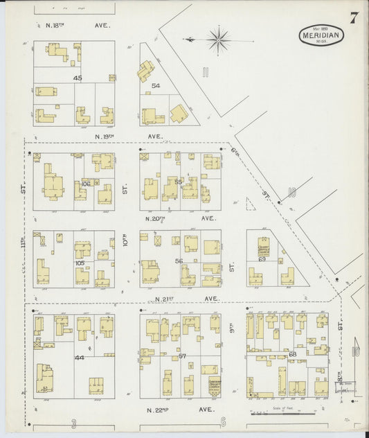 Sanborn Fire Insurance Map from Meridian, Lauderdale County, Mississippi (1893), Sheet #0007 - Historic Sanborn Fire Insurance Map Print, vintage old map wall art, antique decor, genealogy gift, Mississippi Mississippi map
