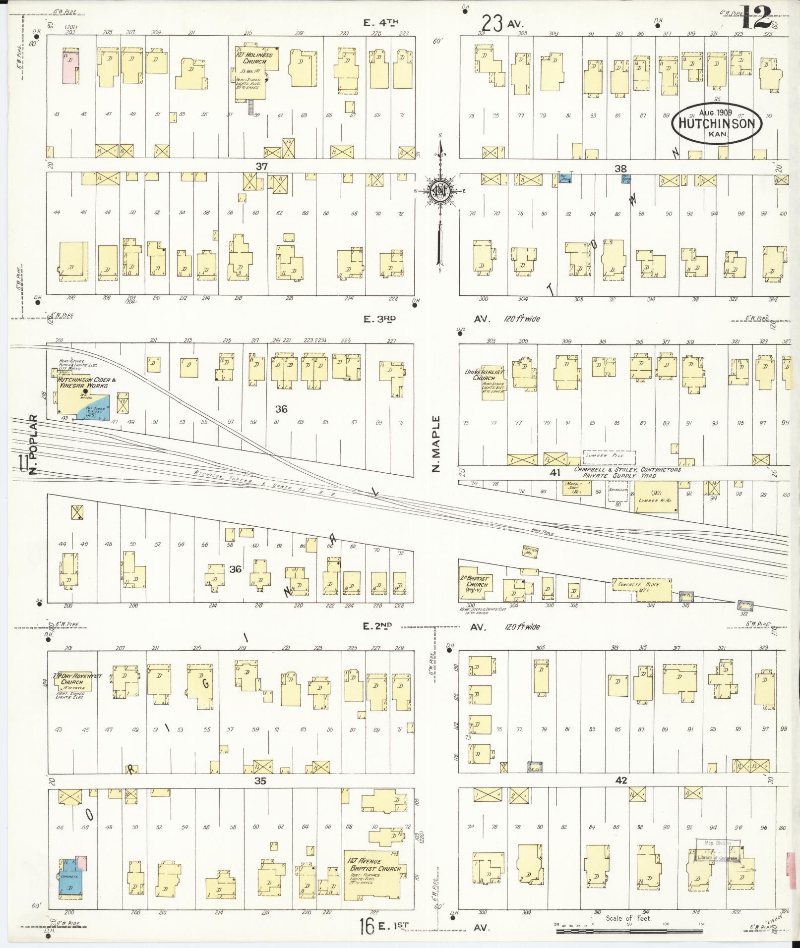 Sanborn Fire Insurance Map from Hutchinson, Reno County, Kansas (1909), Sheet #0012 - Historic Sanborn Fire Insurance Map Print, vintage old map wall art, antique decor, genealogy gift, Kansas Kansas map