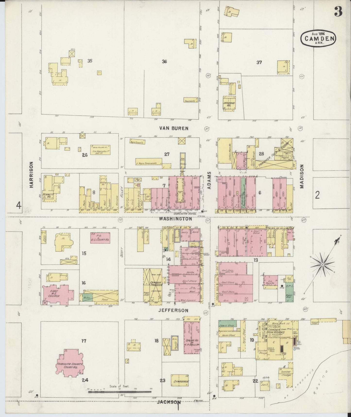 Sanborn Fire Insurance Map from Camden, Ouachita County, Arkansas (1896), Sheet #0003 - Historic Sanborn Fire Insurance Map Print, vintage old map wall art, antique decor, genealogy gift, Arkansas Arkansas map