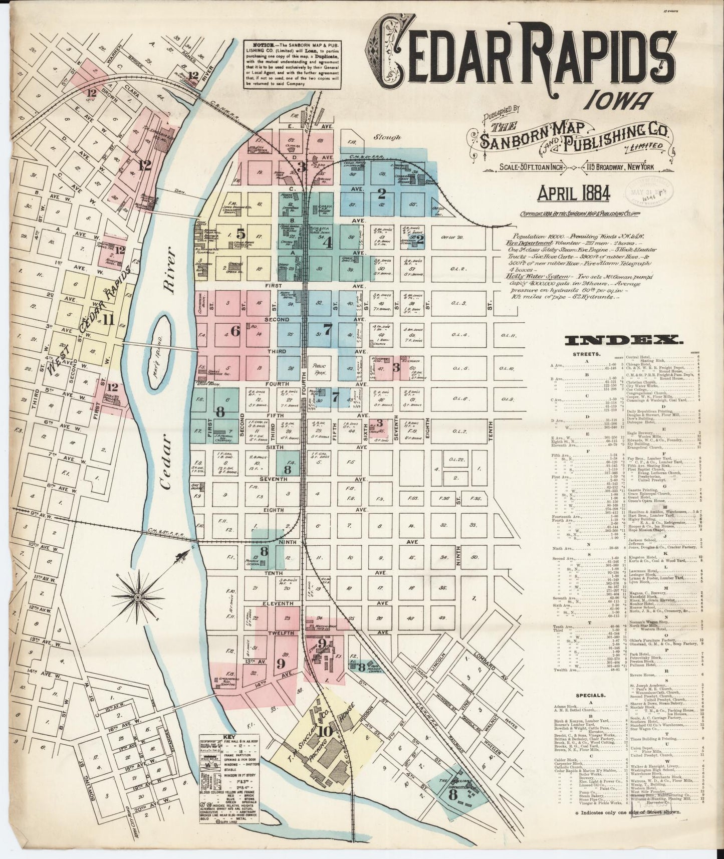 Sanborn Fire Insurance Map from Cedar Rapids, Linn County, Iowa (1884), Sheet #0001 - Historic Sanborn Fire Insurance Map Print