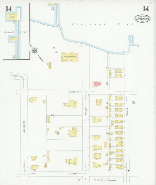 Sanborn Fire Insurance Map from Cambridge, Dorchester County, Maryland (1930), Sheet #0014 - Historic Sanborn Fire Insurance Map Print, vintage old map wall art, antique decor, genealogy gift, Maryland Maryland map