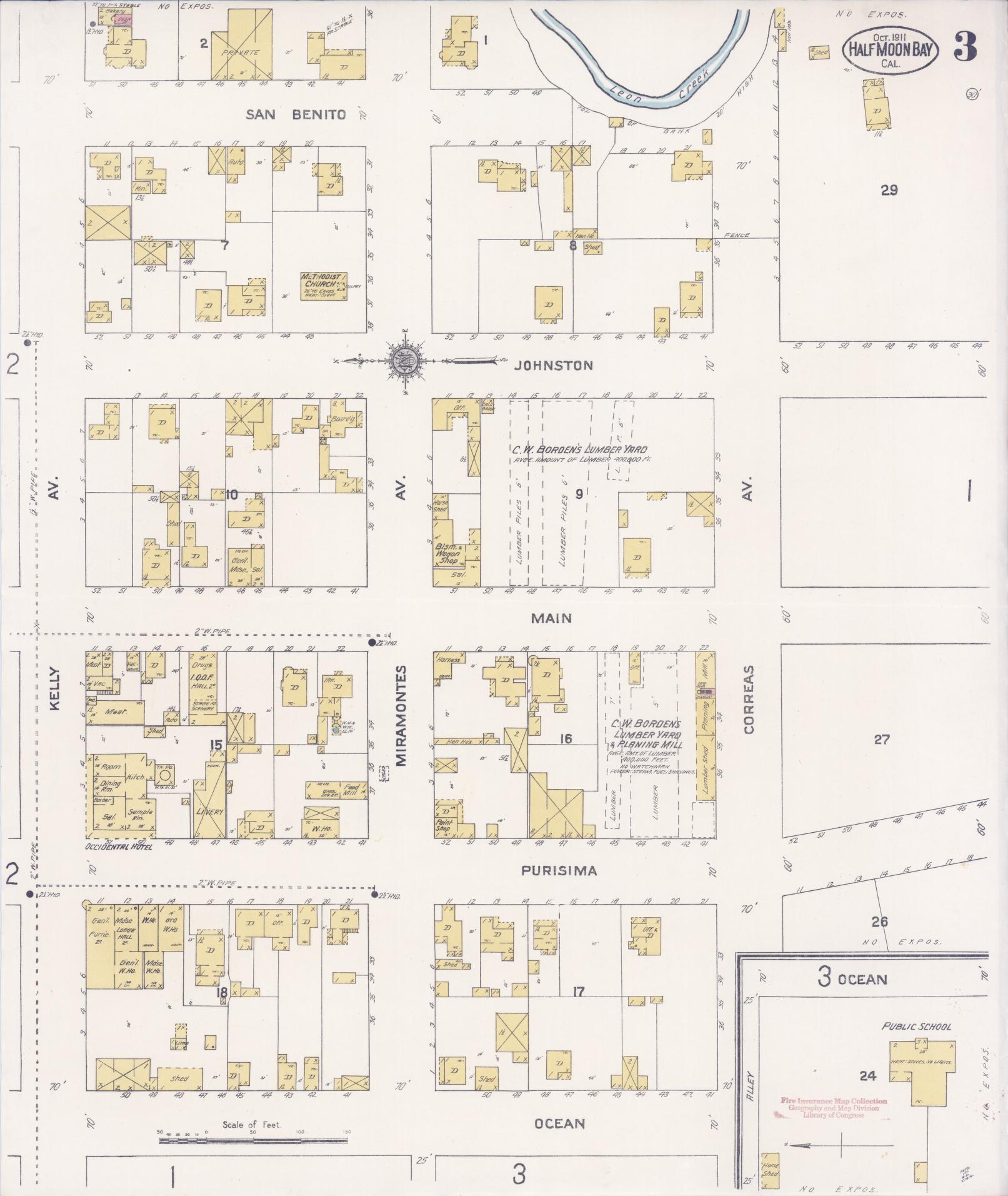 Sanborn Fire Insurance Map from Half Moon Bay, San Mateo County, California (1911), Sheet #0003 - Historic Sanborn Fire Insurance Map Print, vintage old map wall art, antique decor, genealogy gift, California California map