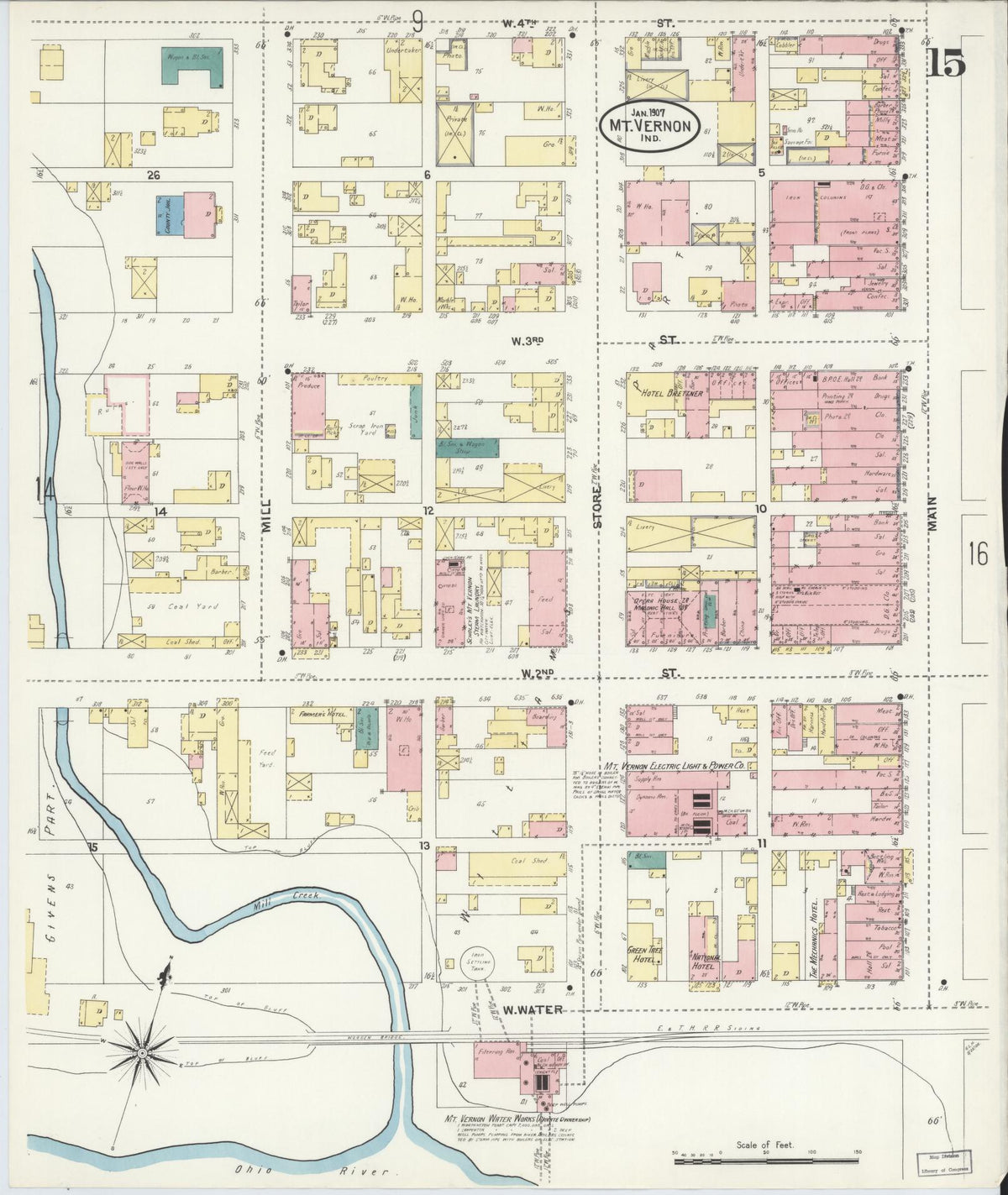 Sanborn Fire Insurance Map from Mount Vernon, Posey County, Indiana (1907), Sheet #0015 - Historic Sanborn Fire Insurance Map Print, vintage old map wall art, antique decor, genealogy gift, Indiana Indiana map