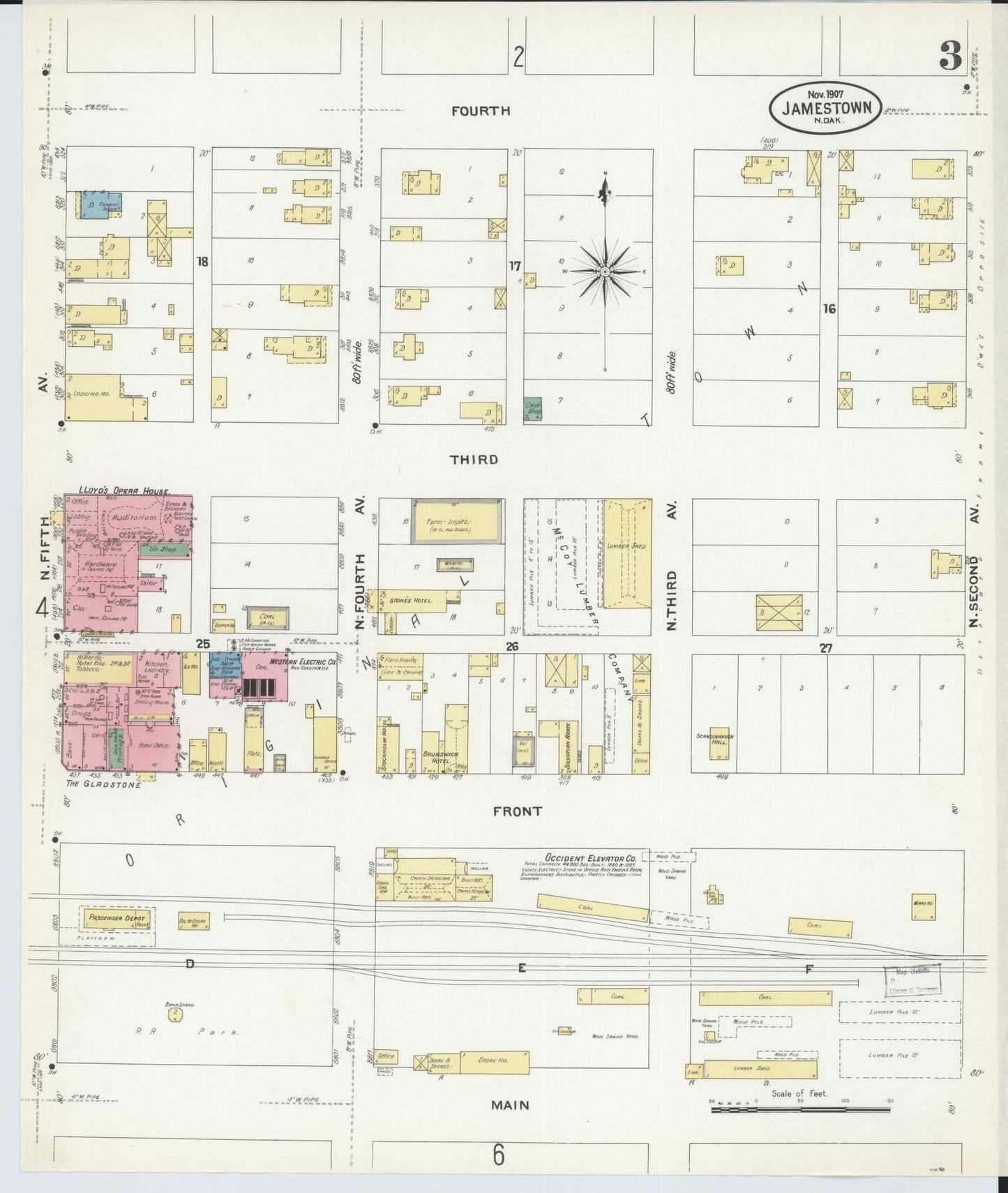 Sanborn Fire Insurance Map from Jamestown, Stutsman County, North Dakota (1907), Sheet #0003 - Historic Sanborn Fire Insurance Map Print, vintage old map wall art, antique decor, genealogy gift, North Dakota North Dakota map