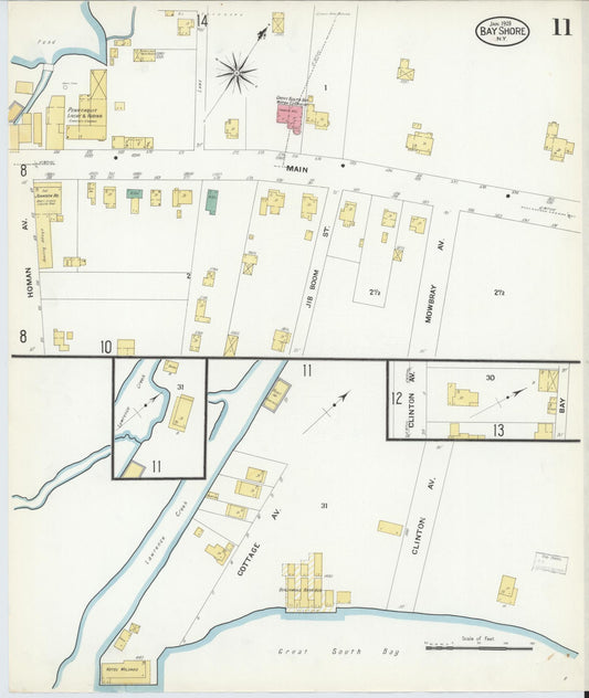 Sanborn Fire Insurance Map from Bay Shore, Suffolk County, New York (1909), Sheet #0011 - Historic Sanborn Fire Insurance Map Print, vintage old map wall art, antique decor, genealogy gift, New York New York map