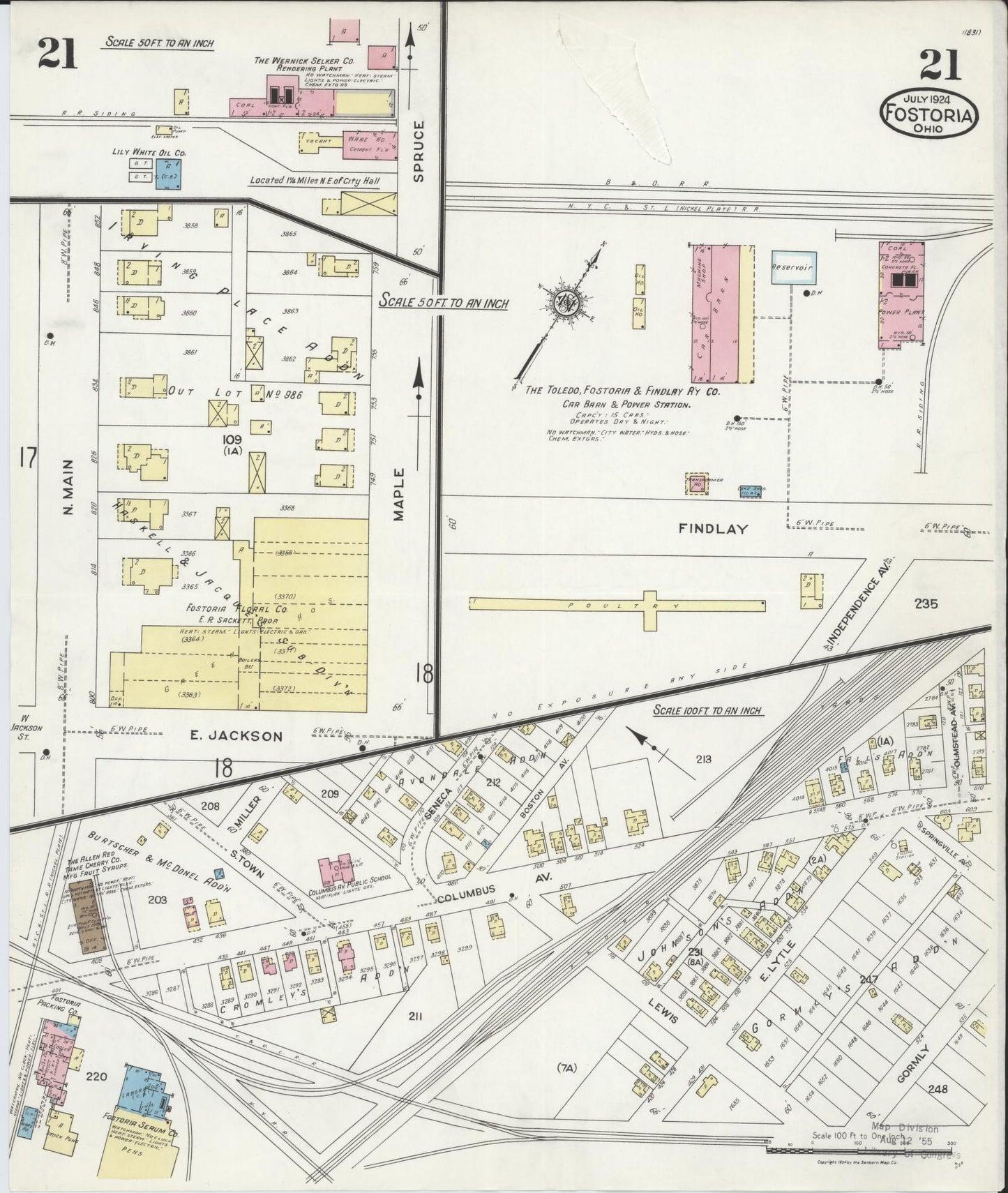 Sanborn Fire Insurance Map from Fostoria, Seneca, Hancock, And Wood Counties, Ohio (1924), Sheet #0021 - Historic Sanborn Fire Insurance Map Print, vintage old map wall art, antique decor, genealogy gift, Ohio Ohio map