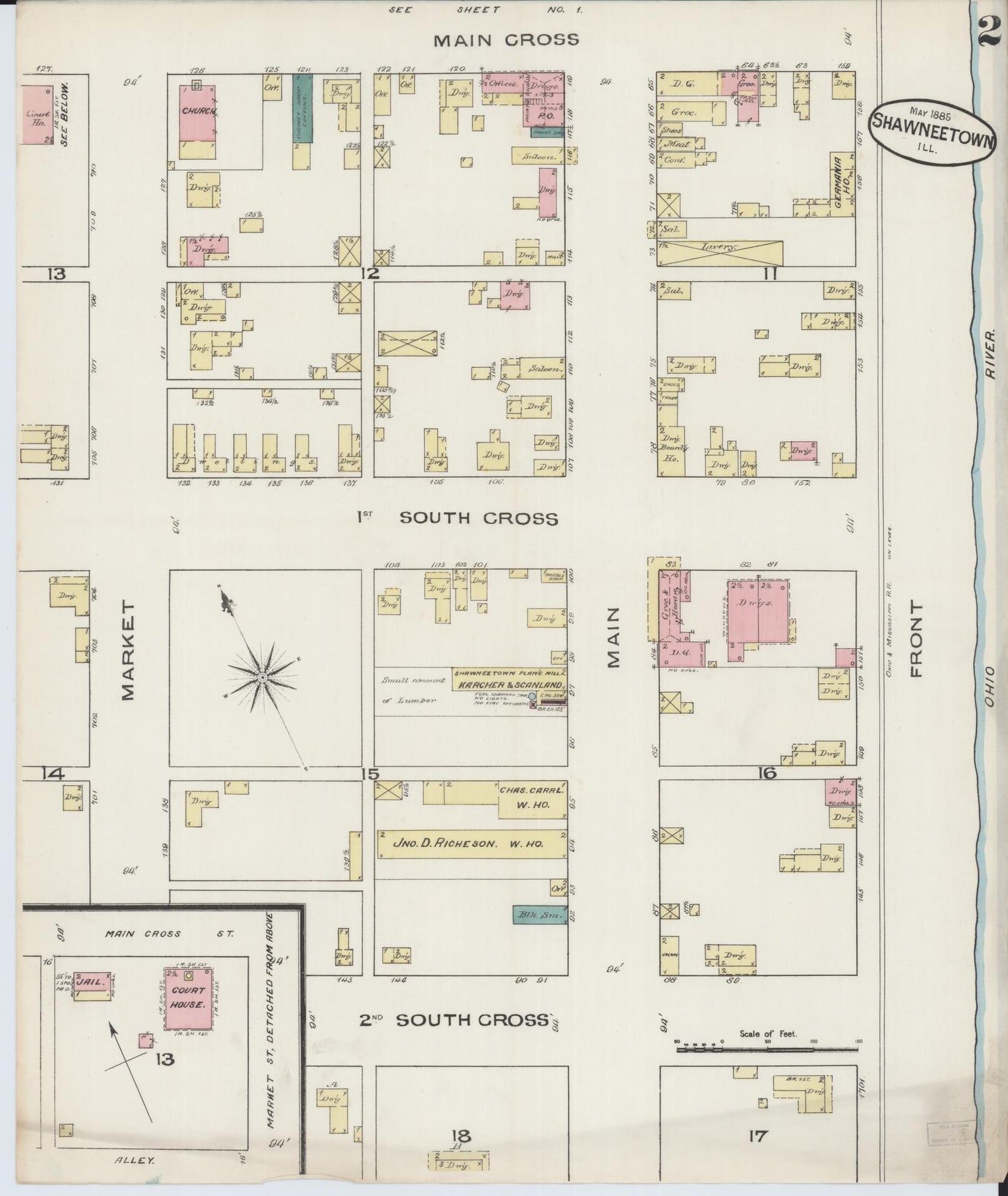 Sanborn Fire Insurance Map from Shawneetown, Gallatin County, Illinois (1885), Sheet #0002 - Historic Sanborn Fire Insurance Map Print, vintage old map wall art, antique decor, genealogy gift, Illinois Illinois map