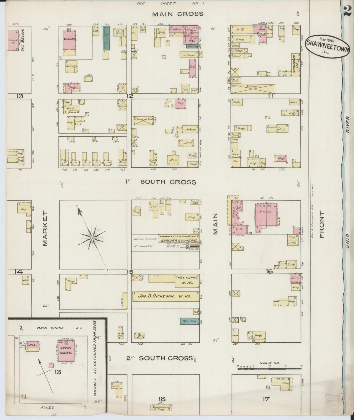 Sanborn Fire Insurance Map from Shawneetown, Gallatin County, Illinois (1885), Sheet #0002 - Historic Sanborn Fire Insurance Map Print, vintage old map wall art, antique decor, genealogy gift, Illinois Illinois map