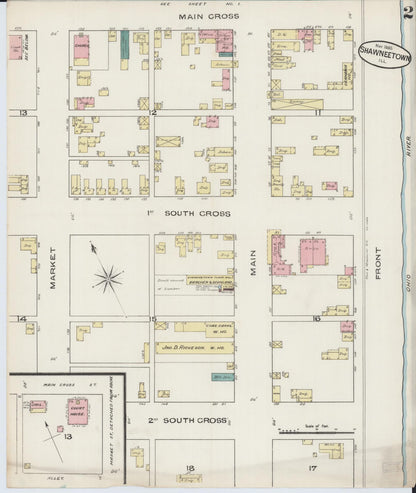 Sanborn Fire Insurance Map from Shawneetown, Gallatin County, Illinois (1885), Sheet #0002 - Historic Sanborn Fire Insurance Map Print, vintage old map wall art, antique decor, genealogy gift, Illinois Illinois map