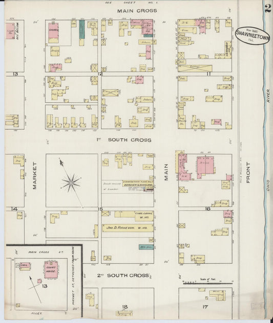 Sanborn Fire Insurance Map from Shawneetown, Gallatin County, Illinois (1885), Sheet #0002 - Historic Sanborn Fire Insurance Map Print, vintage old map wall art, antique decor, genealogy gift, Illinois Illinois map