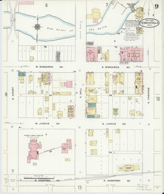 Sanborn Fire Insurance Map from Fergus Falls, Otter Tail County, Minnesota (1909), Sheet #0009 - Historic Sanborn Fire Insurance Map Print, vintage old map wall art, antique decor, genealogy gift, Minnesota Minnesota map