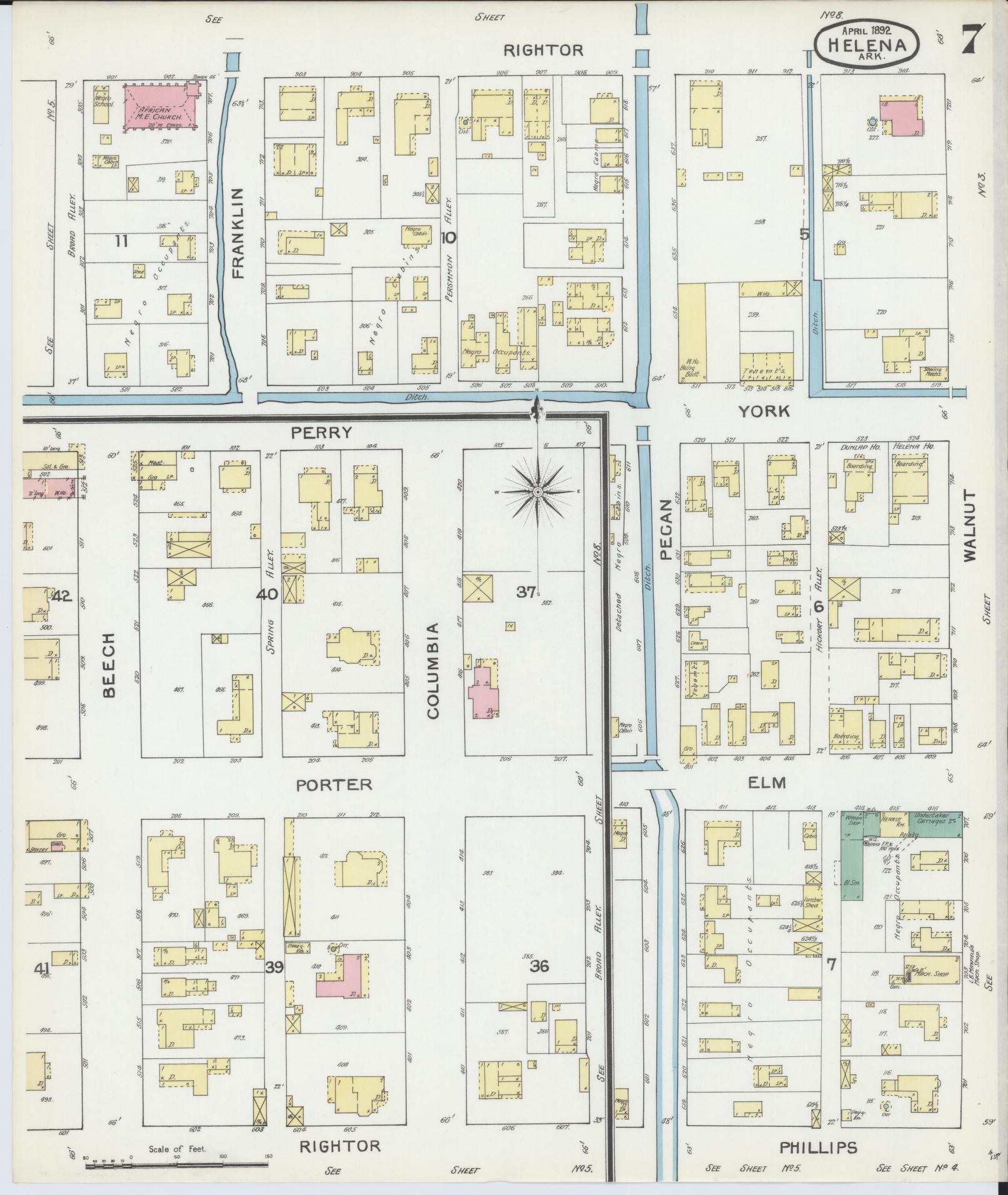 Sanborn Fire Insurance Map from Helena, Phillips County, Arkansas (1892), Sheet #0007 - Complete Map Set gallery image, historic Sanborn map, vintage wall art, Arkansas Arkansas
