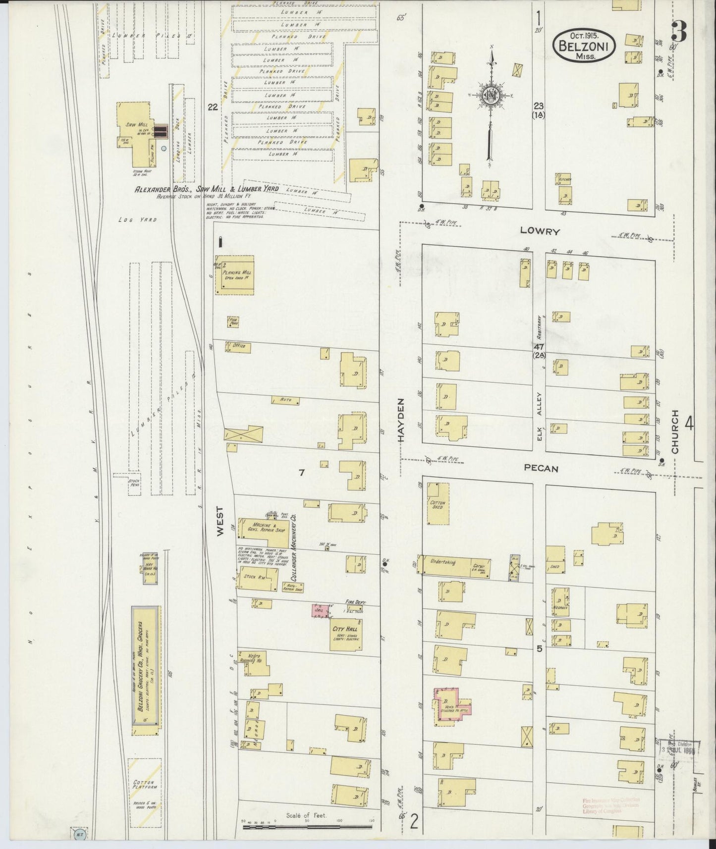 Sanborn Fire Insurance Map from Belzoni, Washington County, Mississippi (1915), Sheet #0003 - Complete Map Set gallery image, historic Sanborn map, vintage wall art, Mississippi Mississippi