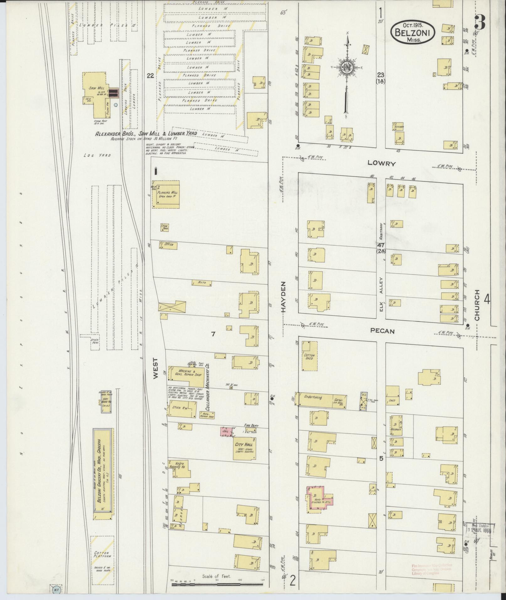Sanborn Fire Insurance Map from Belzoni, Washington County, Mississippi (1915), Sheet #0003 - Complete Map Set gallery image, historic Sanborn map, vintage wall art, Mississippi Mississippi