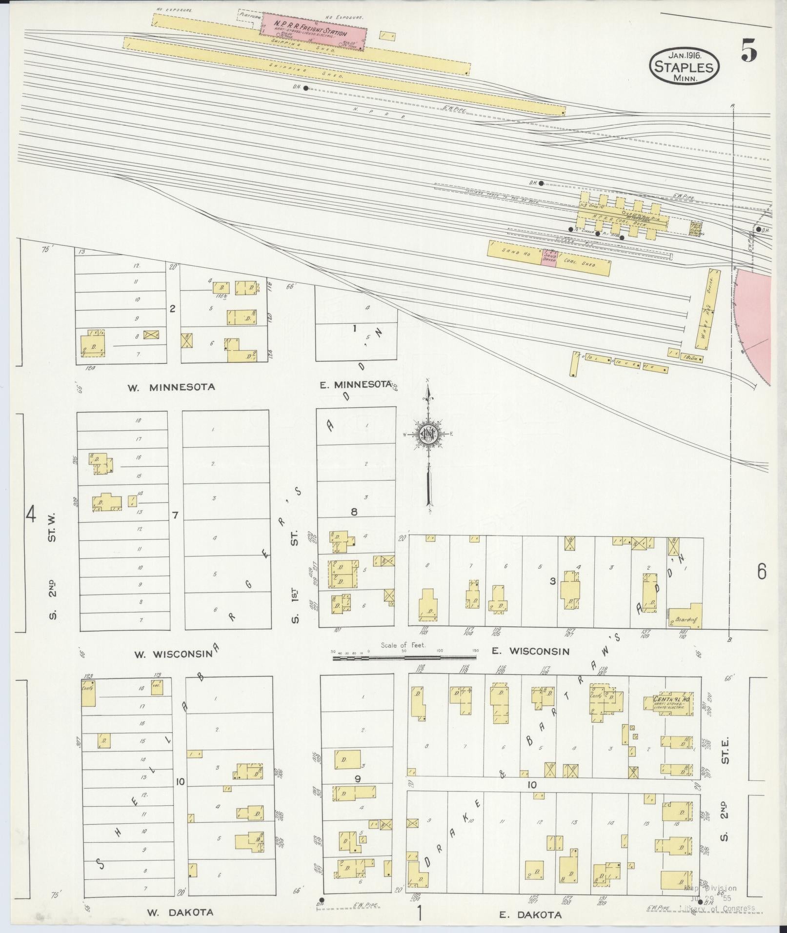 Sanborn Fire Insurance Map from Staples, Todd County, Minnesota (1916), Sheet #0005 - Historic Sanborn Fire Insurance Map Print, vintage old map wall art, antique decor, genealogy gift, Minnesota Minnesota map