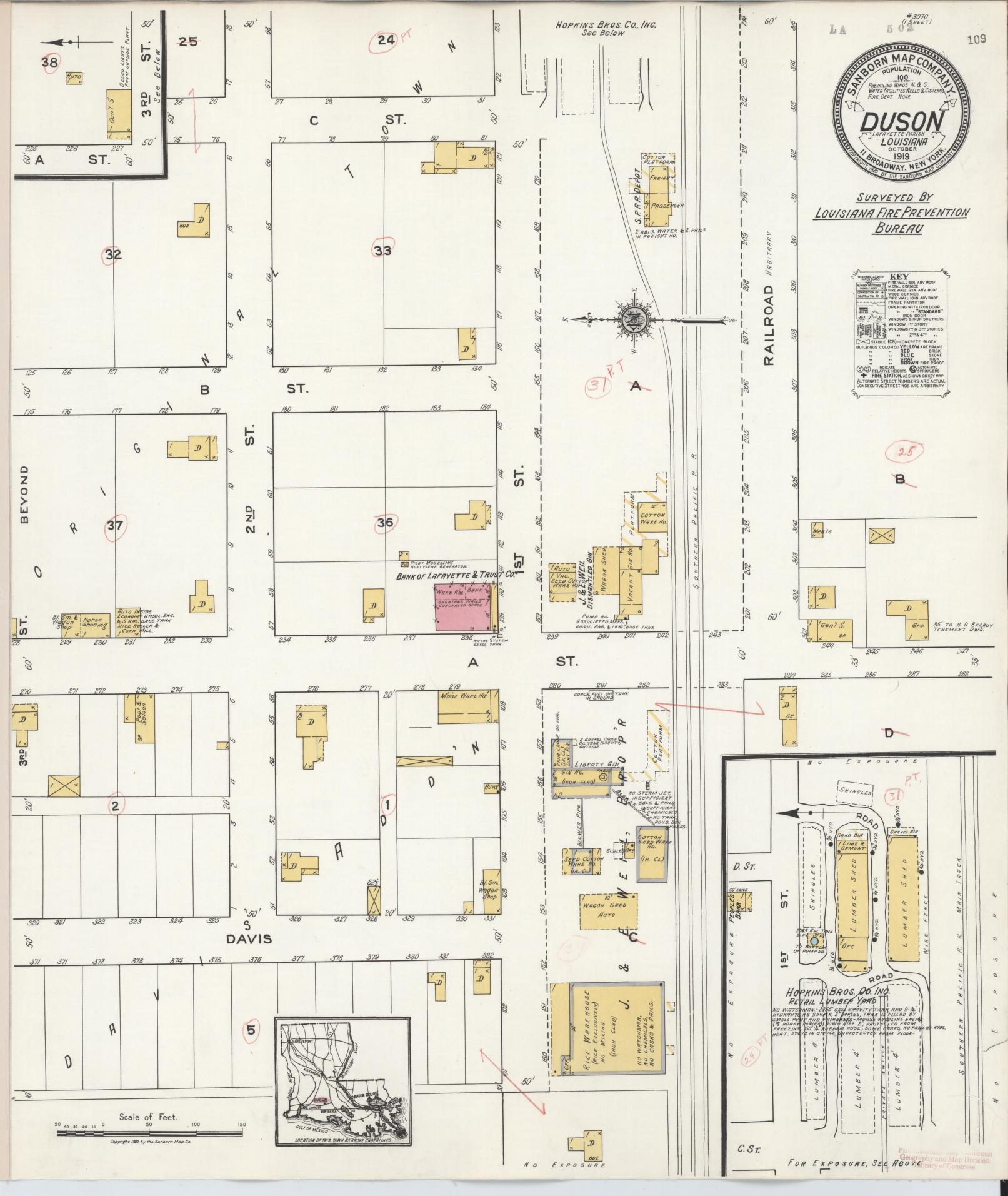 Sanborn Fire Insurance Map from Duson, Lafayette Parish, Louisiana (1919), Sheet #0001 - Historic Sanborn Fire Insurance Map Print, vintage old map wall art, antique decor, genealogy gift, Louisiana Louisiana map