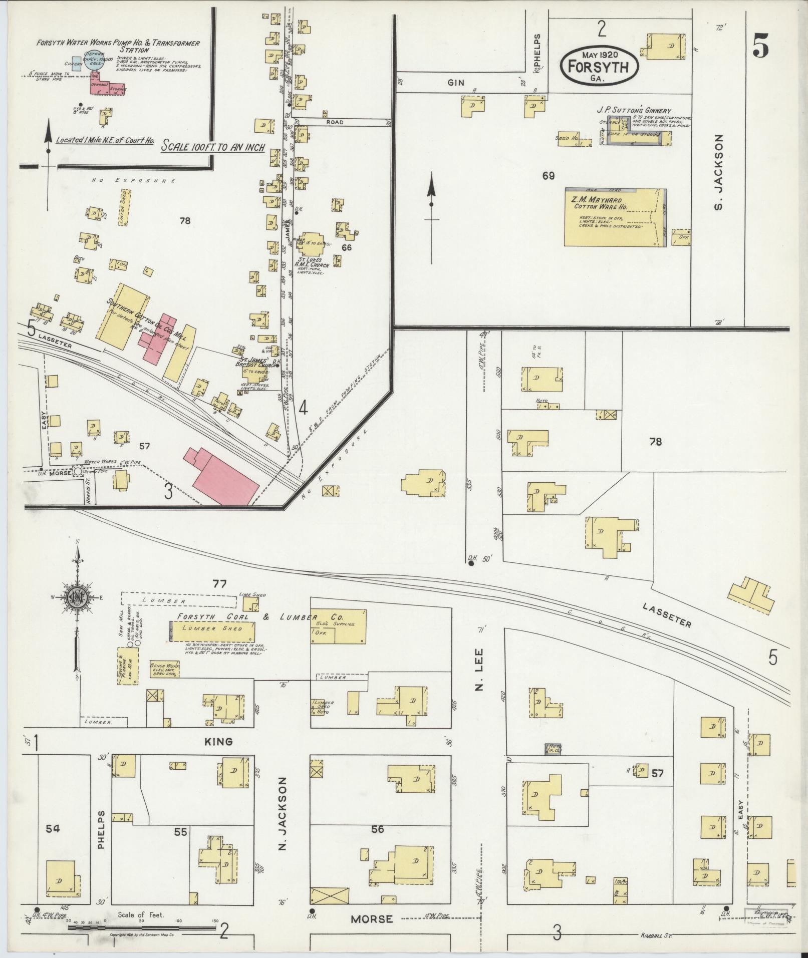 Sanborn Fire Insurance Map from Forsyth, Monroe County, Georgia (1920), Sheet #0005 - Complete Map Set gallery image, historic Sanborn map, vintage wall art, Georgia Georgia
