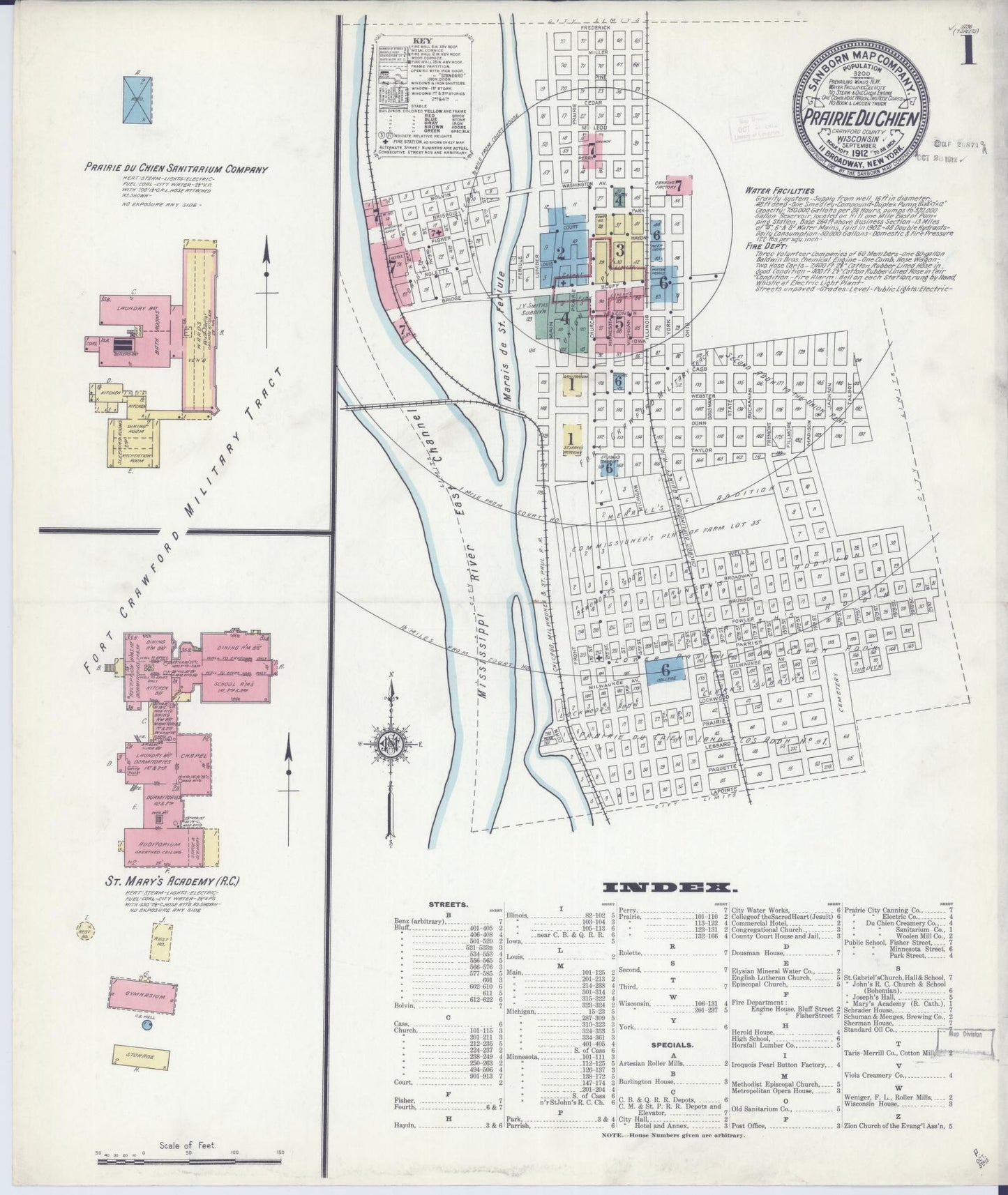 Sanborn Fire Insurance Map from Prairie du Chien, Crawford County, Wisconsin (1912), Sheet #0001 - Historic Sanborn Fire Insurance Map Print, vintage old map wall art, antique decor, genealogy gift, Wisconsin Wisconsin map