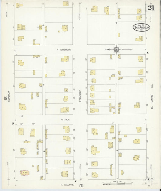 Sanborn Fire Insurance Map from San Angelo, Tom Green County, Texas (1913), Sheet #0021 - Historic Sanborn Fire Insurance Map Print, vintage old map wall art, antique decor, genealogy gift, Texas Texas map