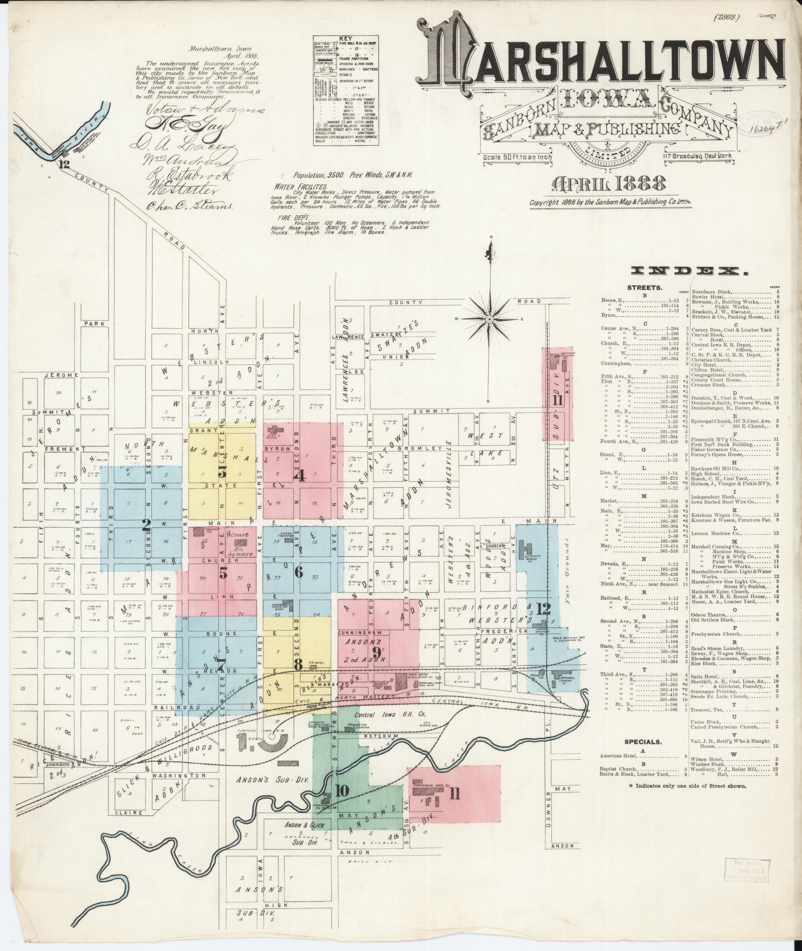 Sanborn Fire Insurance Map from Marshalltown, Marshall County, Iowa (1888), Sheet #0001 - Historic Sanborn Fire Insurance Map Print