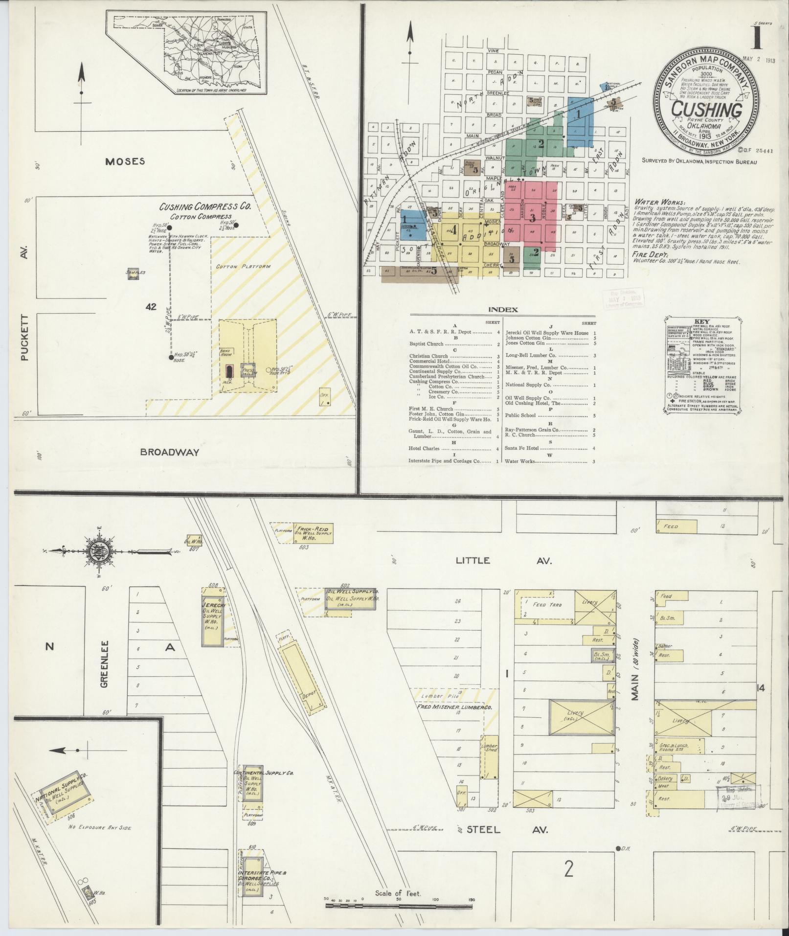 Sanborn Fire Insurance Map from Cushing, Payne County, Oklahoma (1913), Sheet #0001 - Complete Map Set gallery image, historic Sanborn map, vintage wall art, Oklahoma Oklahoma