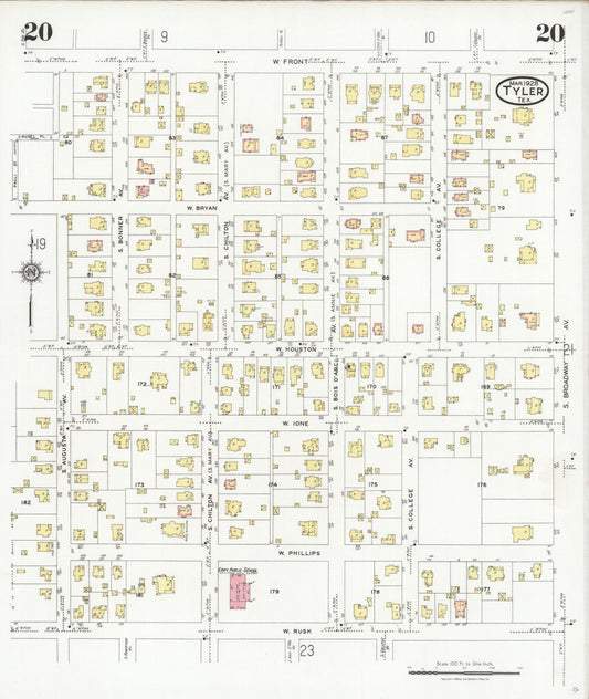 Sanborn Fire Insurance Map from Tyler, Smith County, Texas (1928), Sheet #0020 - Historic Sanborn Fire Insurance Map Print, vintage old map wall art, antique decor, genealogy gift, Texas Texas map