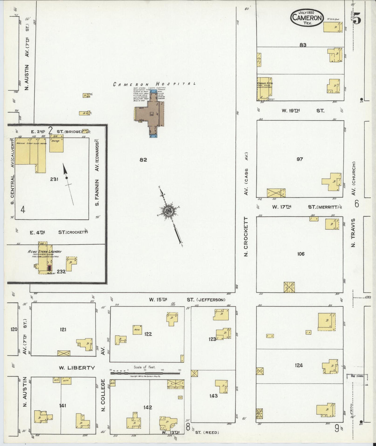 Sanborn Fire Insurance Map from Cameron, Milam County, Texas (1920), Sheet #0005 - Historic Sanborn Fire Insurance Map Print, vintage old map wall art, antique decor, genealogy gift, Texas Texas map