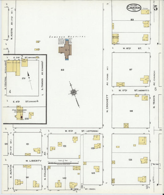 Sanborn Fire Insurance Map from Cameron, Milam County, Texas (1920), Sheet #0005 - Historic Sanborn Fire Insurance Map Print, vintage old map wall art, antique decor, genealogy gift, Texas Texas map