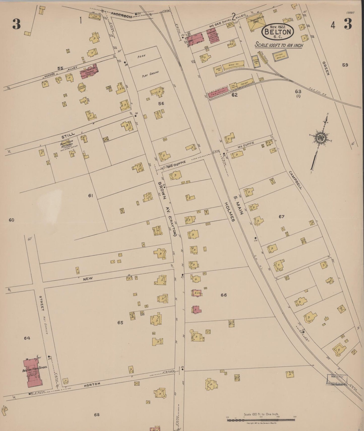 Sanborn Fire Insurance Map from Belton, Anderson County, South Carolina (1922), Sheet #0003 - Complete Map Set gallery image, historic Sanborn map, vintage wall art, South Carolina South Carolina