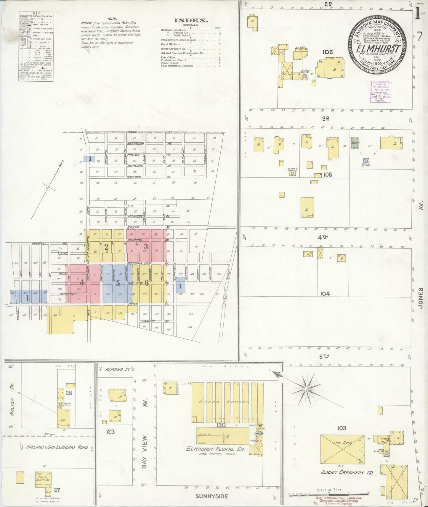 Sanborn Fire Insurance Map from Elmhurst, Alameda County, California (1905), Sheet #0001 - Complete Map Set gallery image, historic Sanborn map, vintage wall art, California California