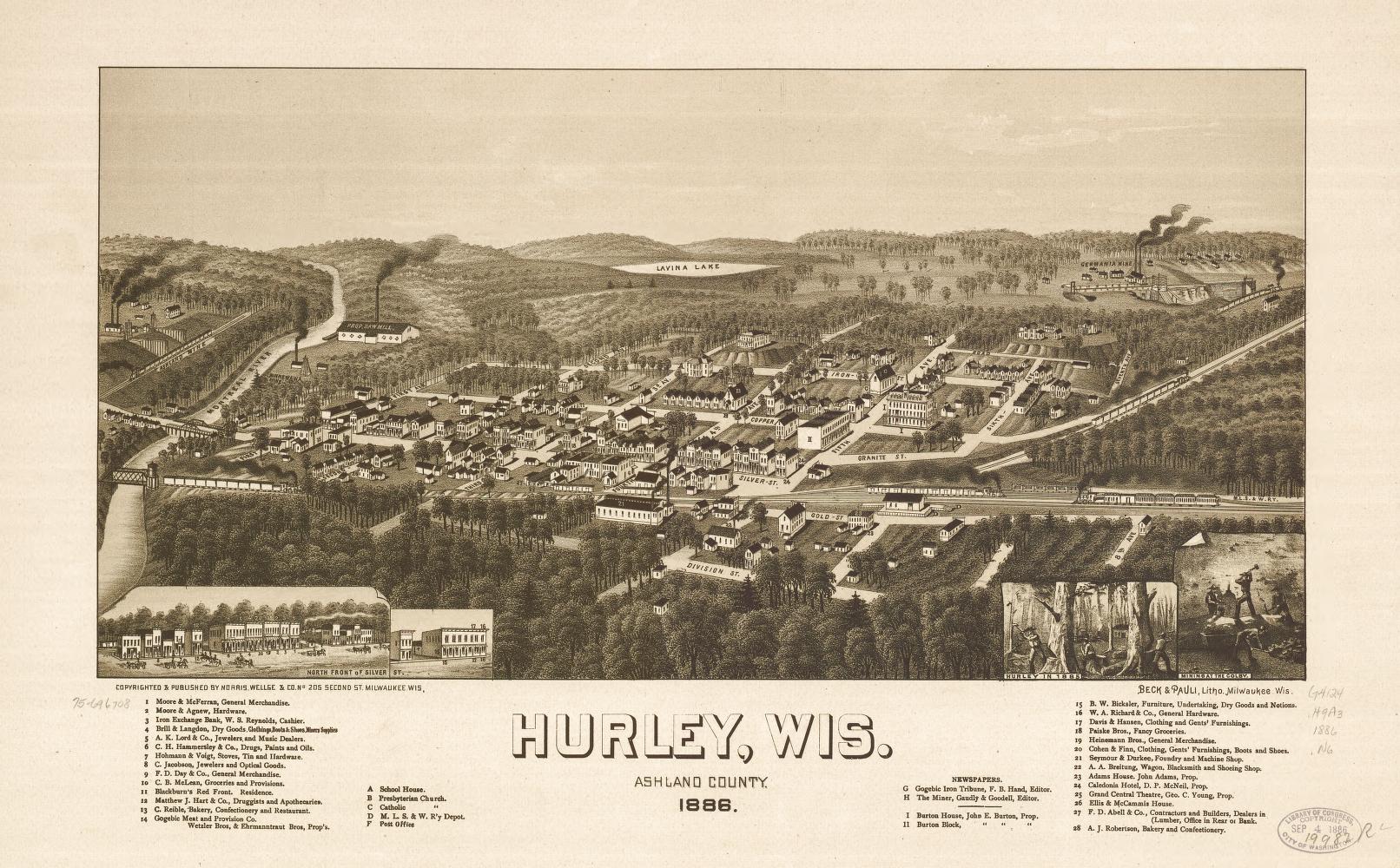 Hurley, Wis., Ashland County 1886. (1886) – Historic Bird’s-Eye View Panorama Print