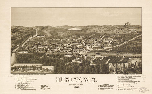 Hurley, Wis., Ashland County 1886. (1886) – Historic Bird’s-Eye View Panorama Print