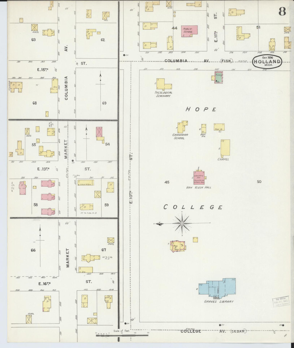 Sanborn Fire Insurance Map from Holland, Ottawa County, Michigan (1896), Sheet #0008 - Historic Sanborn Fire Insurance Map Print, vintage old map wall art, antique decor, genealogy gift, Michigan Michigan map