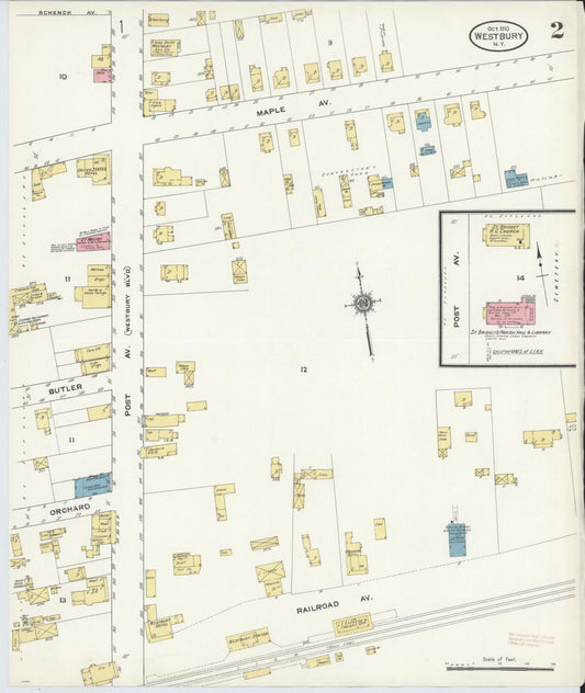 Sanborn Fire Insurance Map from Westbury, Nassau County, New York (1910), Sheet #0002 - Historic Sanborn Fire Insurance Map Print, vintage old map wall art, antique decor, genealogy gift, New York New York map