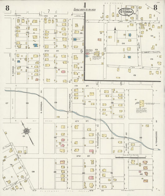 Sanborn Fire Insurance Map from Etowah, McMinn County, Tennessee (1925), Sheet #0008 - Historic Sanborn Fire Insurance Map Print, vintage old map wall art, antique decor, genealogy gift, Tennessee Tennessee map