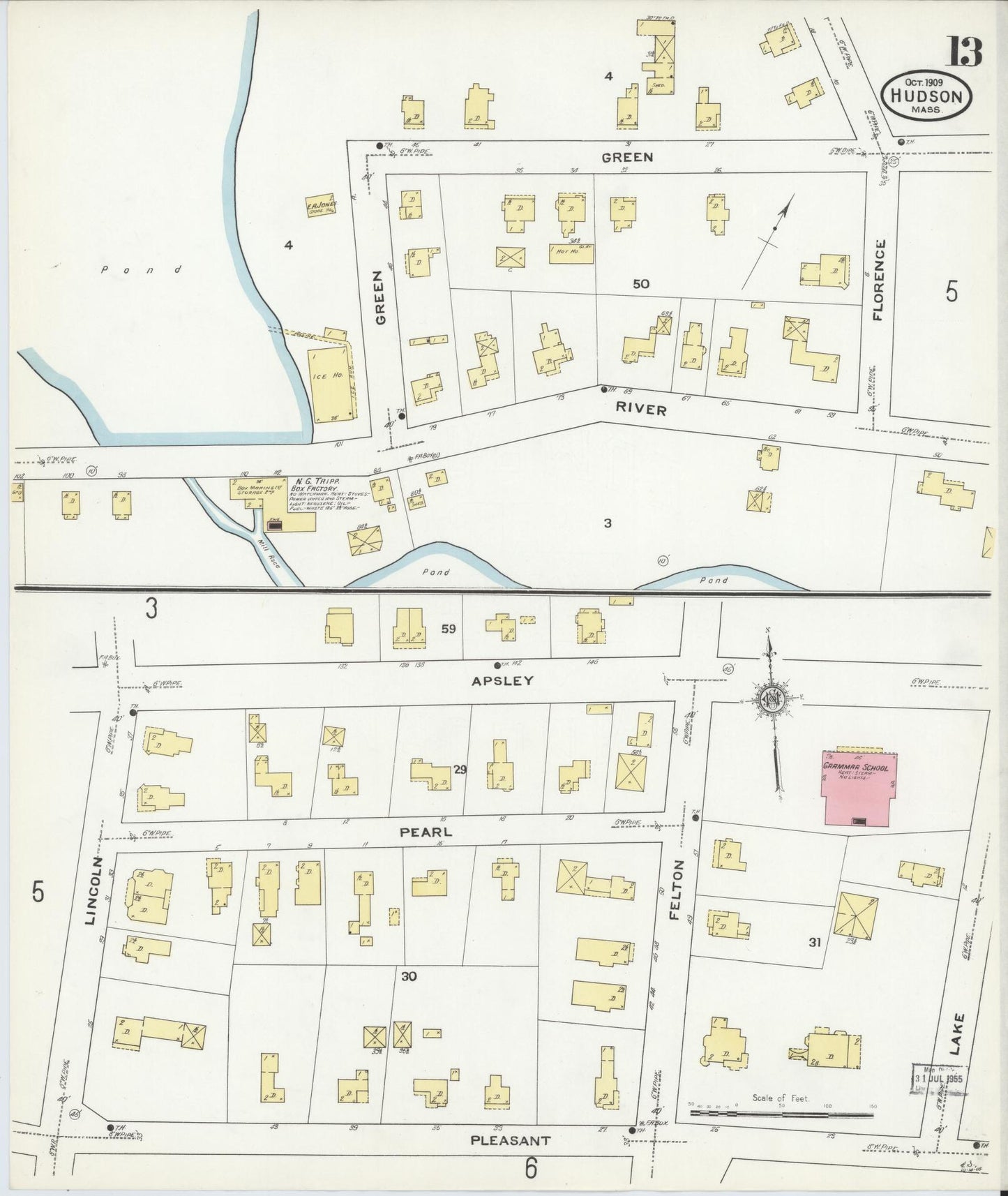 Sanborn Fire Insurance Map from Hudson, Middlesex County, Massachusetts (1909), Sheet #0013 - Historic Sanborn Fire Insurance Map Print, vintage old map wall art, antique decor, genealogy gift, Massachusetts Massachusetts map