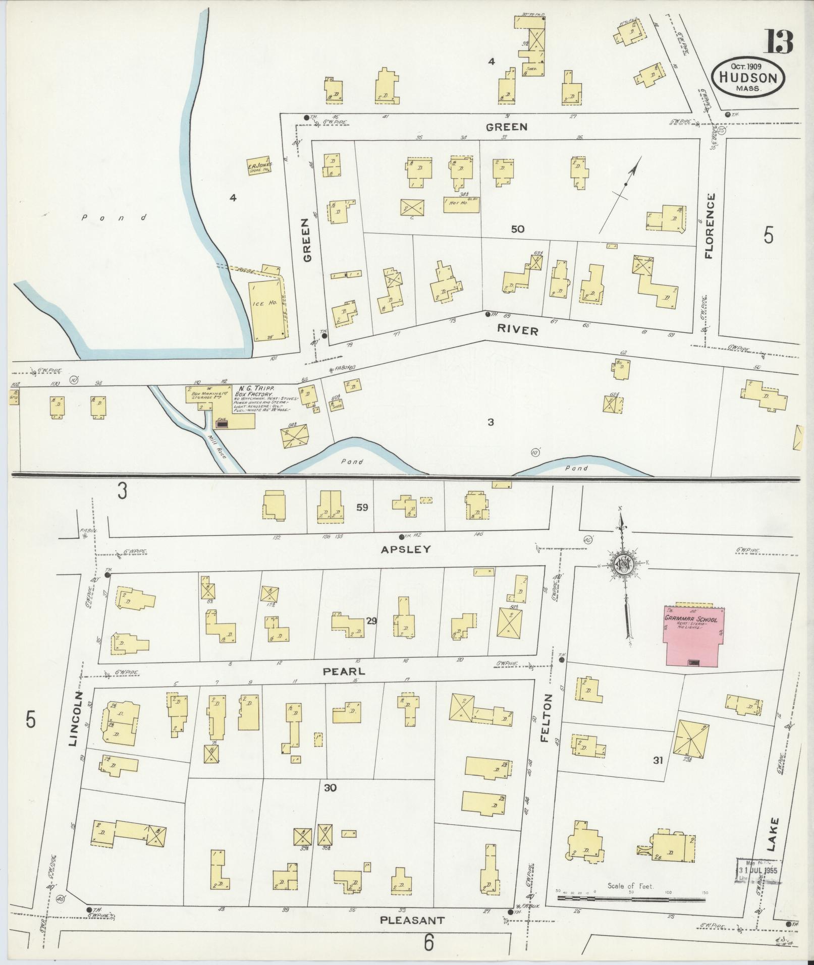 Sanborn Fire Insurance Map from Hudson, Middlesex County, Massachusetts (1909), Sheet #0013 - Historic Sanborn Fire Insurance Map Print, vintage old map wall art, antique decor, genealogy gift, Massachusetts Massachusetts map