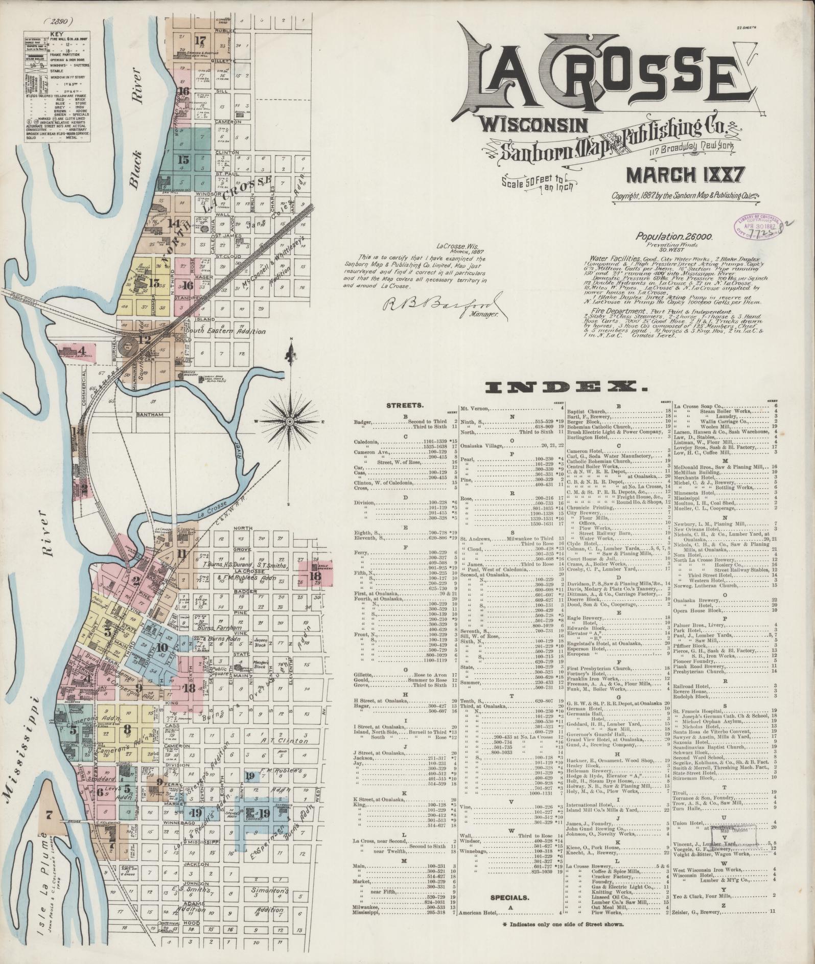 Sanborn Fire Insurance Map from La Crosse, La Crosse County, Wisconsin (1887), Sheet #0001 - Historic Sanborn Fire Insurance Map Print, vintage old map wall art, antique decor, genealogy gift, Wisconsin Wisconsin map