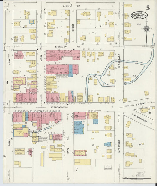 Sanborn Fire Insurance Map from Buchanan, Berrien County, Michigan (1917), Sheet #0005 - Historic Sanborn Fire Insurance Map Print, vintage old map wall art, antique decor, genealogy gift, Michigan Michigan map
