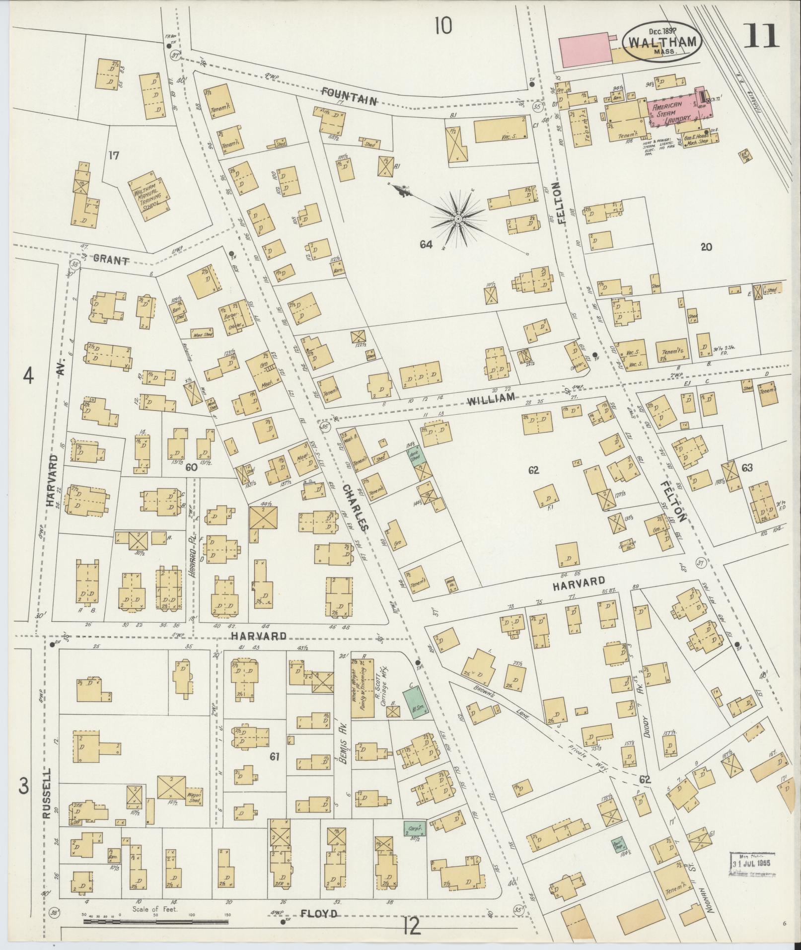 Sanborn Fire Insurance Map from Waltham, Middlesex County, Massachusetts (1897), Sheet #0011 - Historic Sanborn Fire Insurance Map Print, vintage old map wall art, antique decor, genealogy gift, Massachusetts Massachusetts map