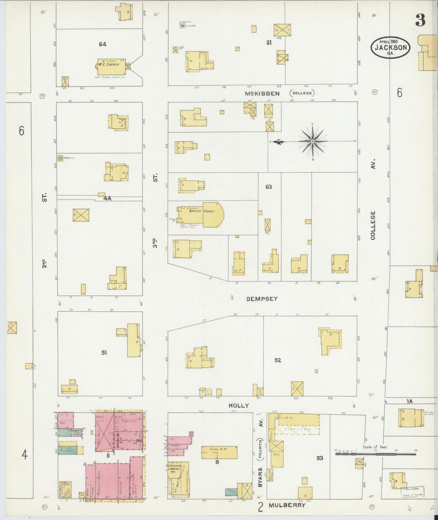 Sanborn Fire Insurance Map from Jackson, Butts County, Georgia (1905), Sheet #0003 - Historic Sanborn Fire Insurance Map Print, vintage old map wall art, antique decor, genealogy gift, Georgia Georgia map