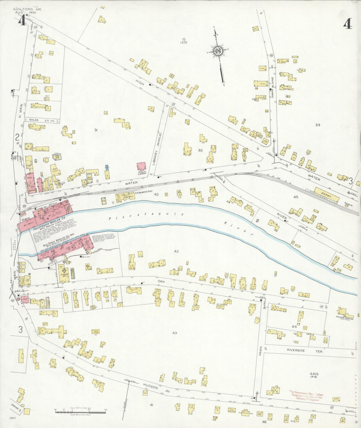 Sanborn Fire Insurance Map from Guilford, Piscataquis County, Maine (1933), Sheet #0004 - Complete Map Set gallery image, historic Sanborn map, vintage wall art, Maine Maine