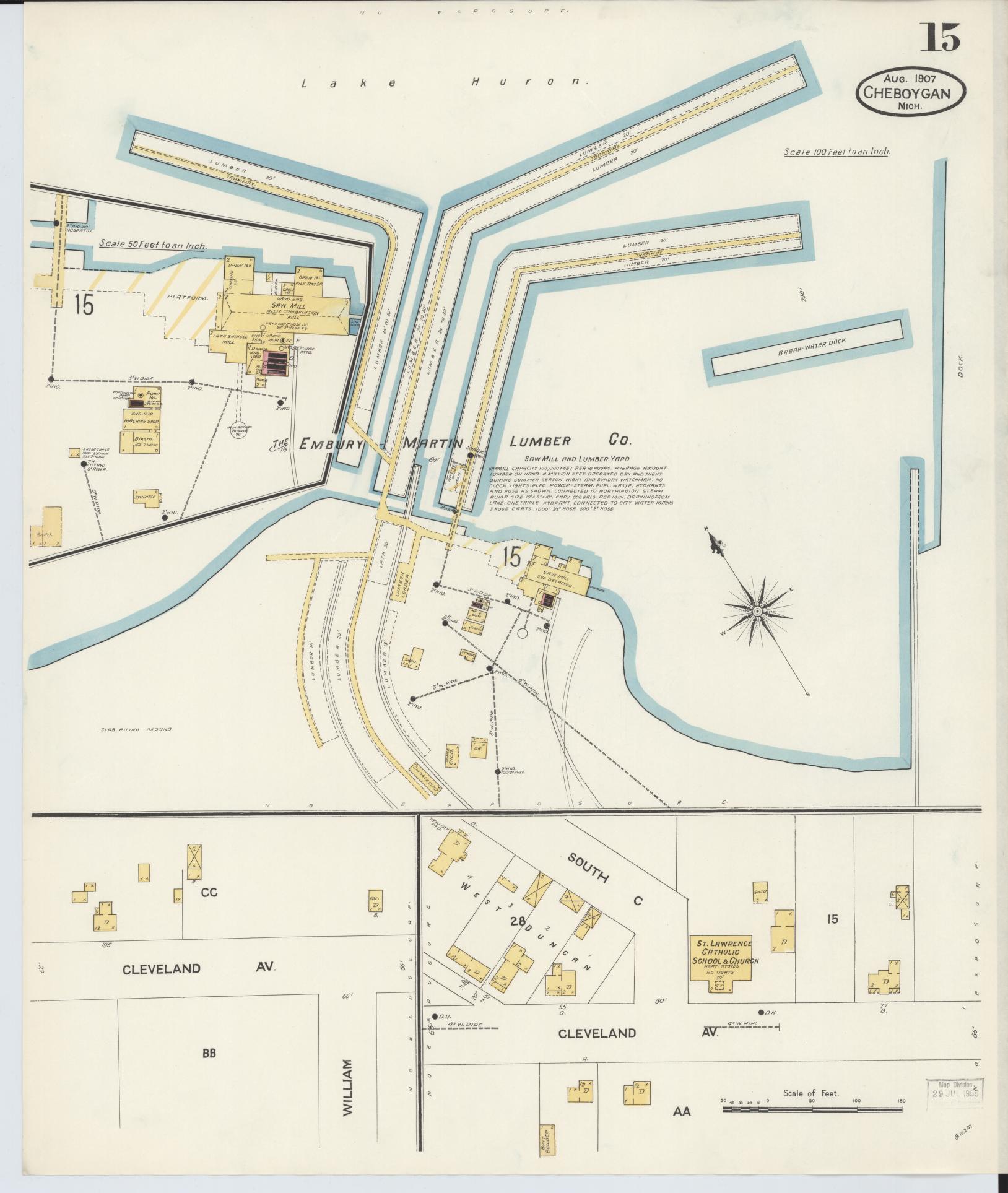 Sanborn Fire Insurance Map from Cheboygan, Cheboygan County, Michigan (1907), Sheet #0015 - Complete Map Set gallery image, historic Sanborn map, vintage wall art, Michigan Michigan