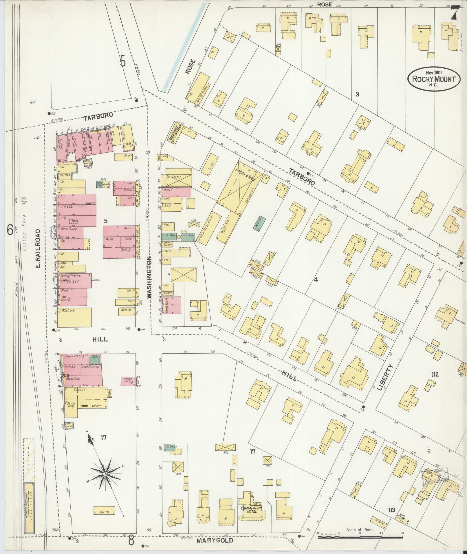Sanborn Fire Insurance Map from Rocky Mount, Edgecombe And Nash Counties, North Carolina (1901), Sheet #0007 - Historic Sanborn Fire Insurance Map Print, vintage old map wall art, antique decor, genealogy gift, North Carolina North Carolina map